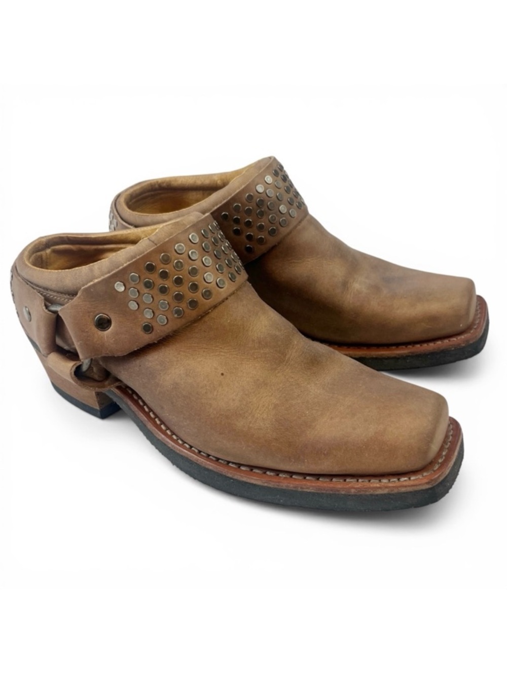 Kenneth Cole Brown Leather Harness Square  Toe Motorcycle Cuban Mules 6